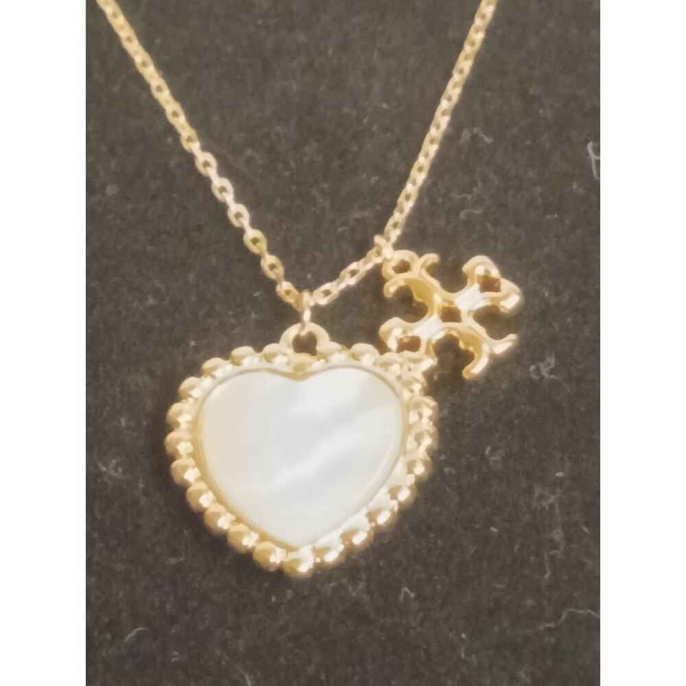 Tory Burch Gold Shell Heart Cross Charm Necklace Logo Pendant Dainty Gift Ready